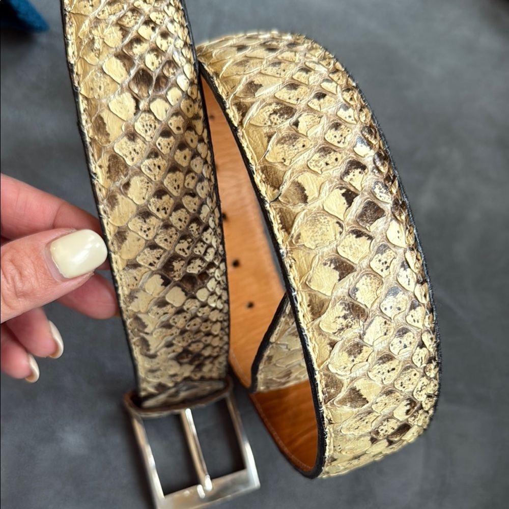 Tan and Brown Snakeskin Pattern Belt with Chrome Buckle